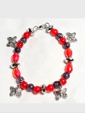 Vibrant Red & Black Beaded Butterfly Charmed Bracelet. Gothic Vibe